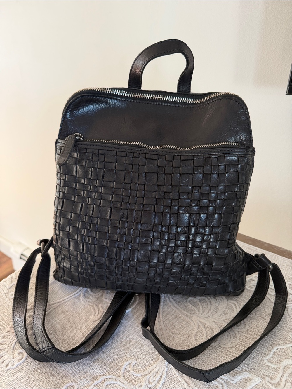 Vilenca Holland Black Leather Front Woven Leather Backpack Bag